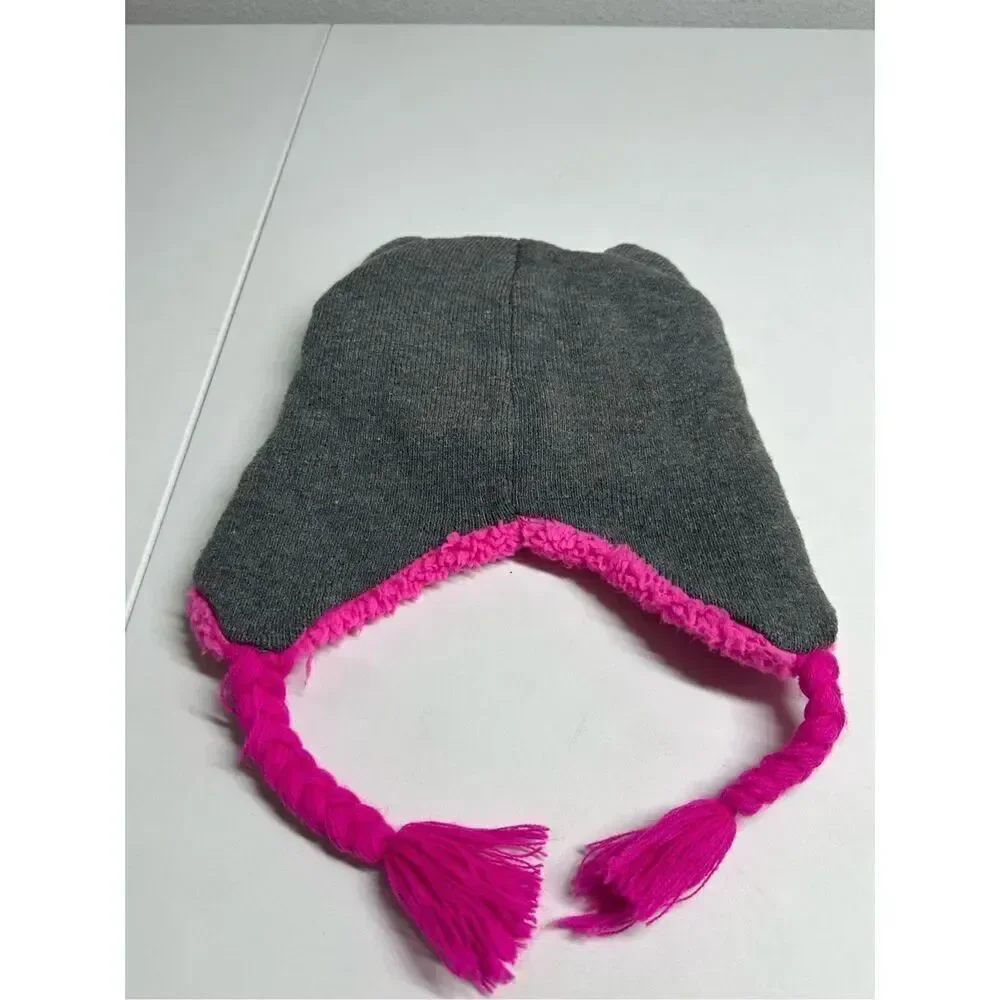 Girl Owl Beanie Hat Gray Pink Lined Fleece One Size